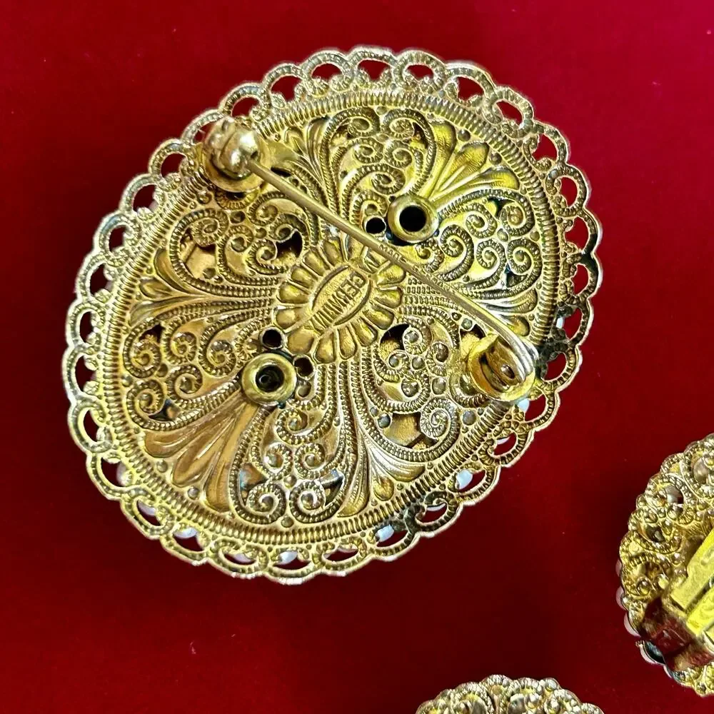 Vintage W. Germany Victorian Revival Cameo Brooch & Clip-On Earring Set